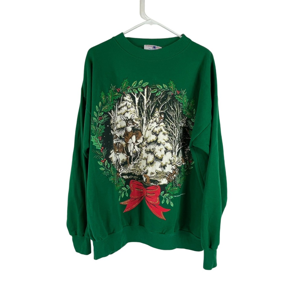 Vintage Painted Christmas Sweatshirt Sz L Turtle Bay Sweater Green Winter Wreath